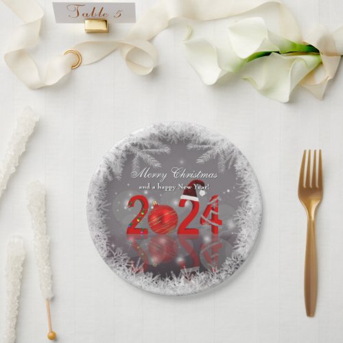 Merry Christmas Festive Red New Year 2024 Paper Plates