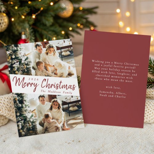 Merry Christmas Festive Red Script Diagonal Photos Holiday Card