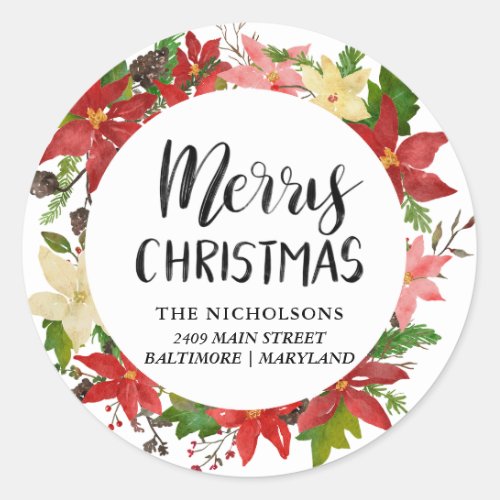 Merry Christmas Festive Red Wreath  Holiday  Classic Round Sticker