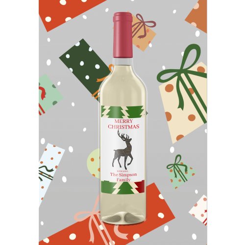 Merry Christmas Festive Reindeer Family Name Gift Wine Label