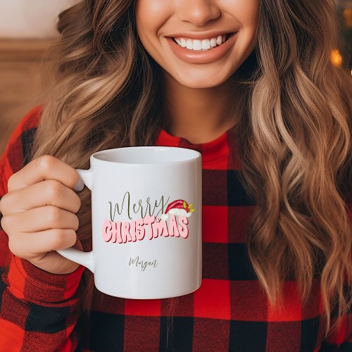 Merry Christmas Festive Retro Pink Red Add Name    Coffee Mug