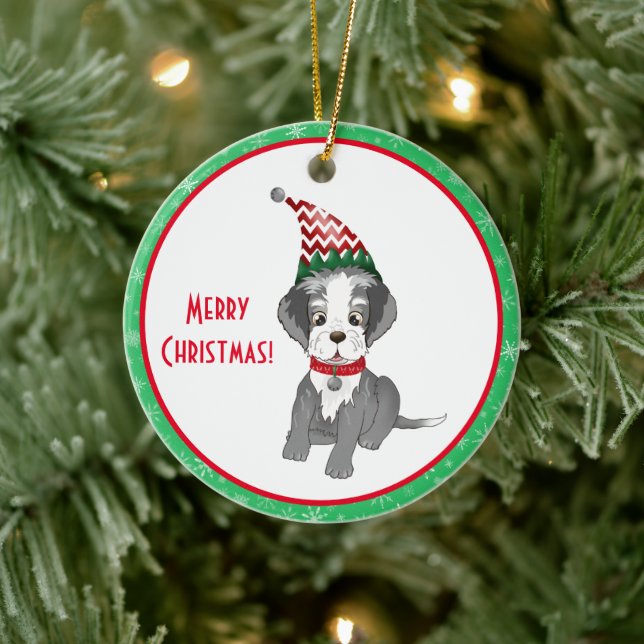 Merry Christmas Festive Schnauzer Puppy Ceramic Ornament (Tree)