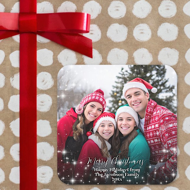 Merry Christmas Festive Sparkles Photo Overlay Square Sticker (In Situ on Package)