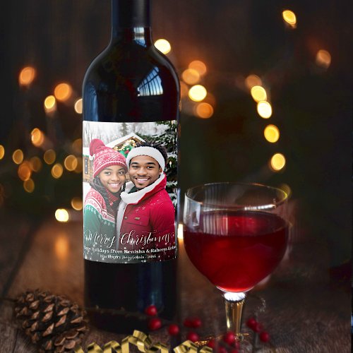 Merry Christmas Festive Stars Photo Overlay Wine Label