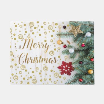 Merry Christmas Festive Tree Gold Circles Doormat by glamgoodies at Zazzle