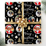 Merry Christmas Festive Trees Photo Name Black Wrapping Paper<br><div class="desc">Make your holiday gifts extra special with custom photo gift wrap! This stylish template is personalized with five of your favorite photos, the recipient's name, your family name, or the holiday year. An elegant design with circle-shaped photos, Christmas trees, snowflakes, stars, and trendy script typography — a blend of traditional...</div>