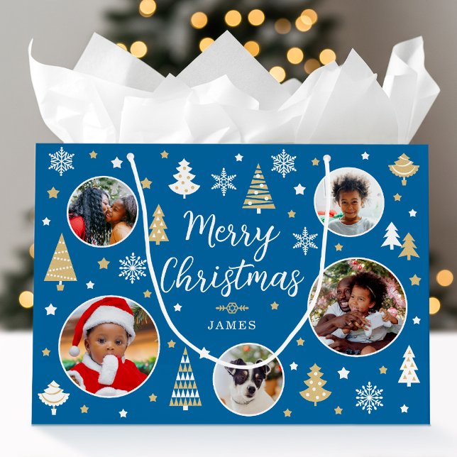 Merry Christmas Festive Trees Photo Name Blue Large Gift Bag (Creator Uploaded)