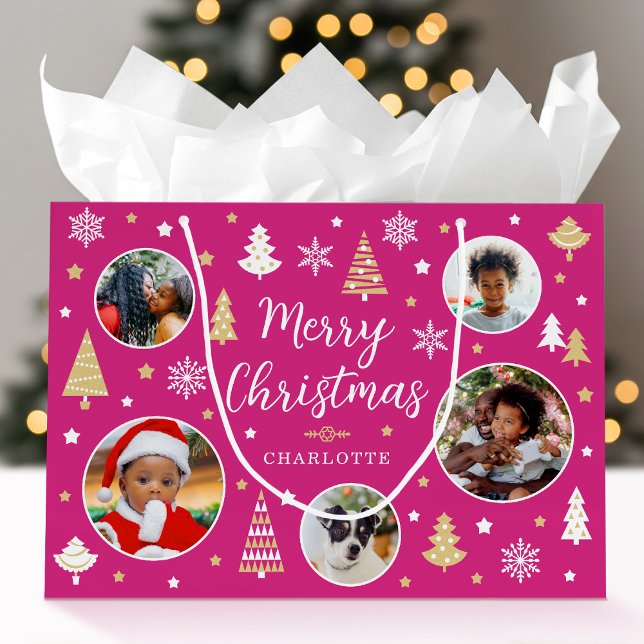 Merry Christmas Festive Trees Photo Name Pink Large Gift Bag (Creator Uploaded)