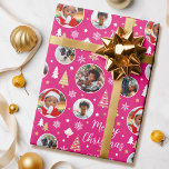 Merry Christmas Festive Trees Photo Name Pink Wrapping Paper<br><div class="desc">Make your Christmas gifts truly unforgettable with custom photo wrapping paper! This editable template showcases five of your favorite photos, making it perfect for kids, friends, family, and pets. Personalize further with the recipient's name, your family name or the holiday year. It features trendy script typography and circular photo frames,...</div>