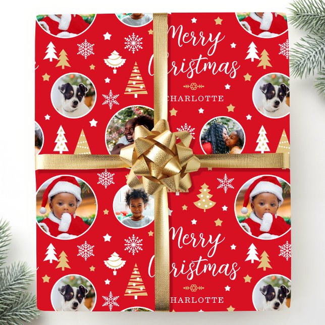 Merry Christmas Festive Trees Photo Name Red Wrapping Paper (Creator Uploaded)