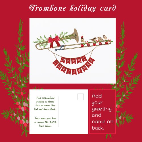 Merry Christmas Festive Trombone and Cute Birds Holiday Postcard