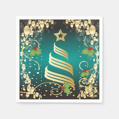 Merry Christmas Festive Turquoise Blue and Gold Napkins
