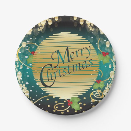 Merry Christmas Festive Turquoise Blue and Gold Paper Plates