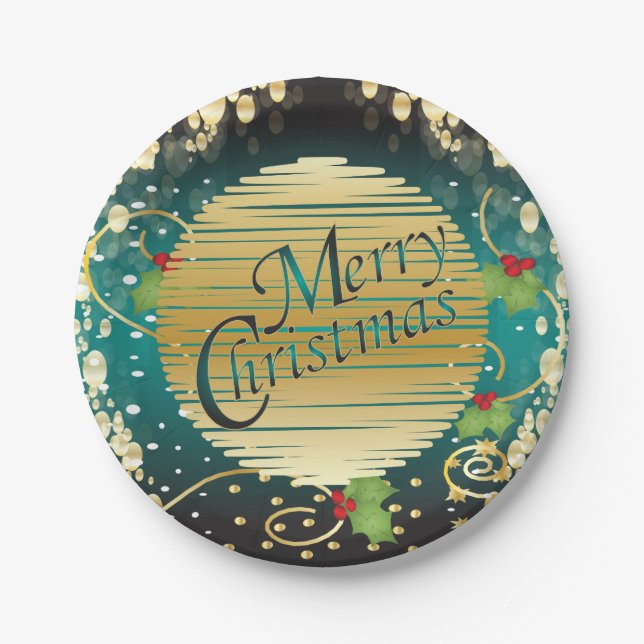 Merry Christmas Festive Turquoise Blue and Gold Paper Plates (Front)