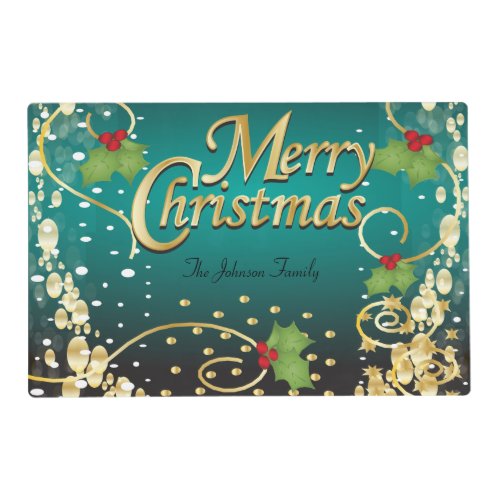 Merry Christmas Festive Turquoise Blue and Gold Placemat