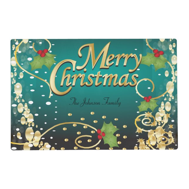 Merry Christmas Festive Turquoise Blue and Gold Placemat (Front)