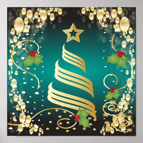 Merry Christmas Festive Turquoise Blue and Gold Poster