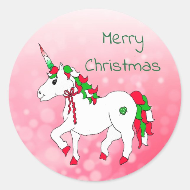 Merry Christmas Festive Unicorn Holidays Classic Round Sticker (Front)