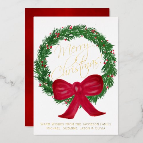 Merry Christmas Festive Watercolor Pine Wreath Foil Holiday Card