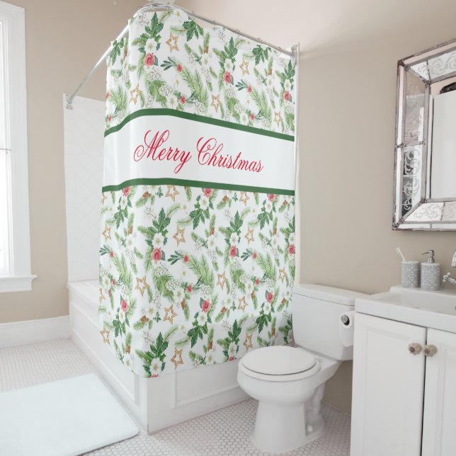 Merry Christmas Festive Winter Botanicals  Shower Curtain (In Situ)