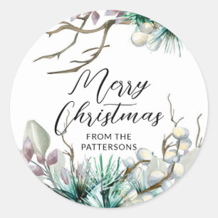 Merry Christmas Festive Winter Holiday Floral Name Classic Round Sticker