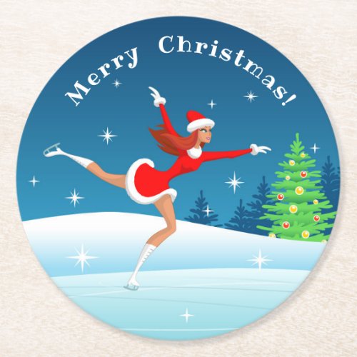 Merry Christmas Figure Skating Girl Paper Coaster