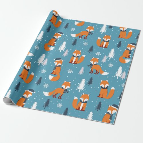 Merry Christmas Fir Tree Snow Fox White Blue  Wrapping Paper