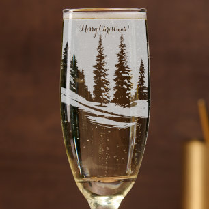 Merry Christmas Fir trees on mountains Champagne Flute