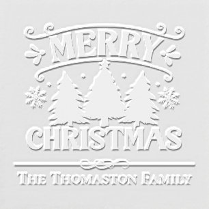 Merry Christmas Fir Trees Snowflakes Family Name Embosser
