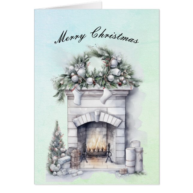 Merry Christmas Fire Burning Hearth Cards (Front)