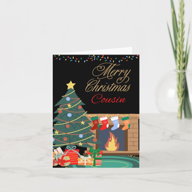 Merry Christmas Fireplace Cousin Holiday Card (Front)