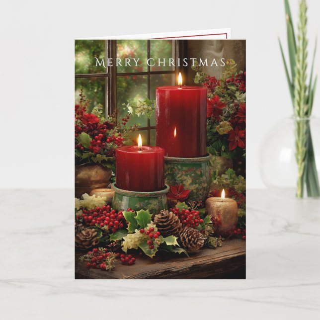 Merry Christmas  Fireplace Red Candles Pine Cones Card (Front)