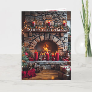 Merry Christmas Fireplace Red Candles Pine Cones Card