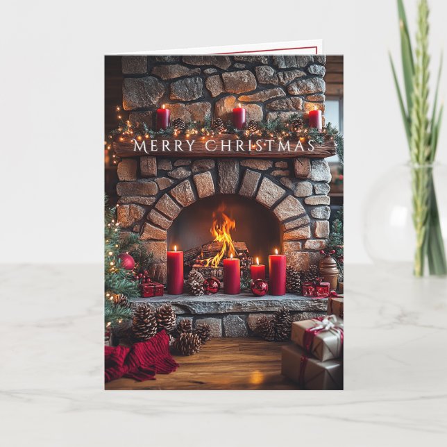 Merry Christmas  Fireplace Red Candles Pine Cones Card (Front)