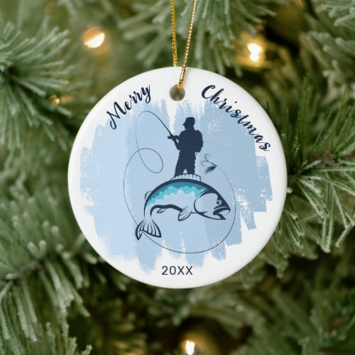 Merry Christmas Fisherman Catching Fish Ornament