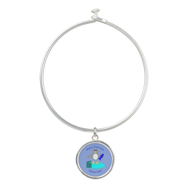 Merry Christmas Fishing Penguin Bangle Bracelet (Front)