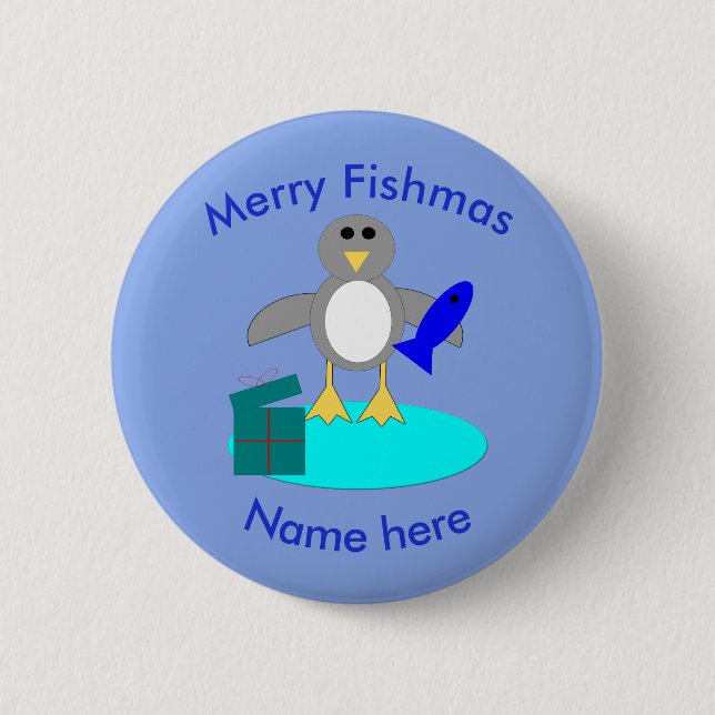 Merry Christmas Fishing Penguin Custom Button (Front)