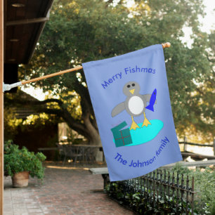 Merry Christmas Fishing Penguin Custom House Flag