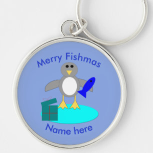 Merry Christmas Fishing Penguin Custom Keychain