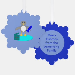 Merry Christmas Fishing Penguin Custom Ornament Card