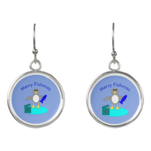 Merry Christmas Fishing Penguin Drop Earrings