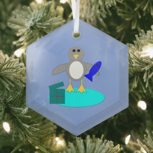 Merry Christmas Fishing Penguin Glass Ornament