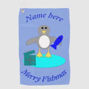 Merry Christmas Fishing Penguin Personalized Golf Towel
