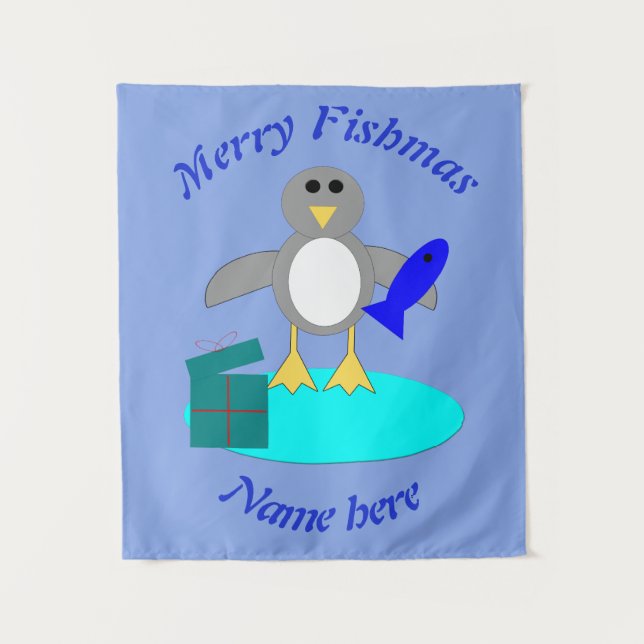 Merry Christmas Fishing Penguin Personalized Tapestry (Front)