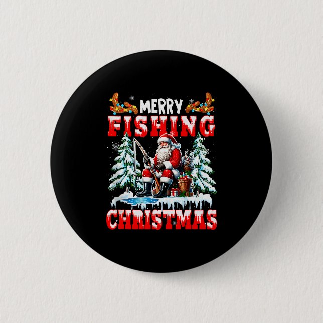 Merry Christmas Fishing Santa Colorful Costume Srt Button (Front)