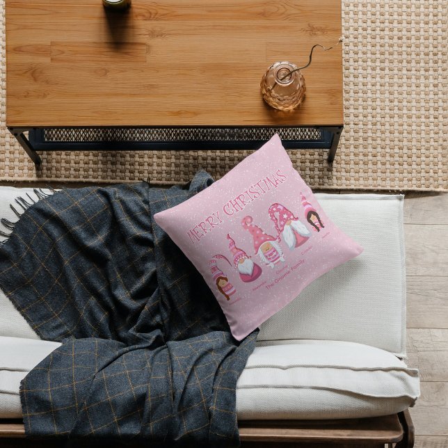 Merry Christmas Five Pink Gnomes Family Throw Pillow (Custom Pink Christmas Family Gnome Throw Pillow - Personalized, Festive, and Heartwarming.)