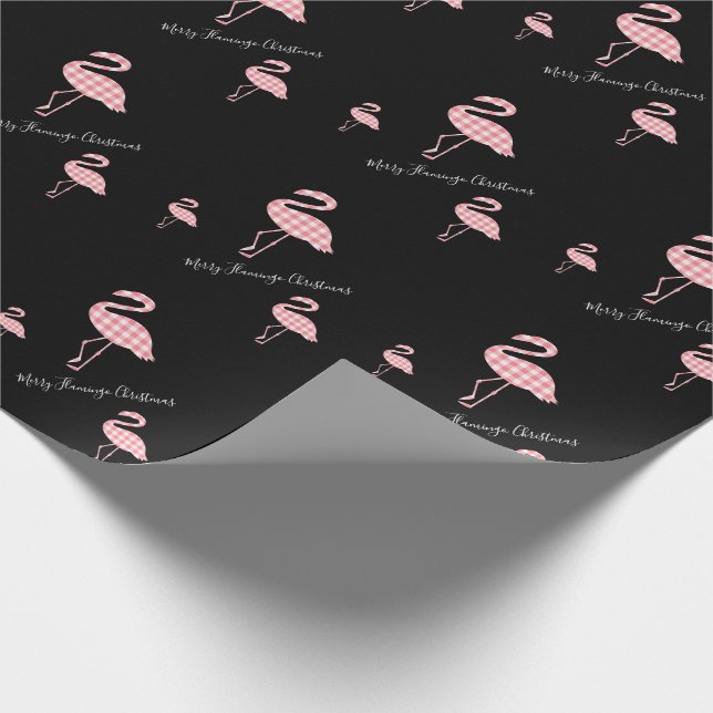Merry Christmas Flamingo Black Pink Buffalo Plaid Wrapping Paper (Corner)