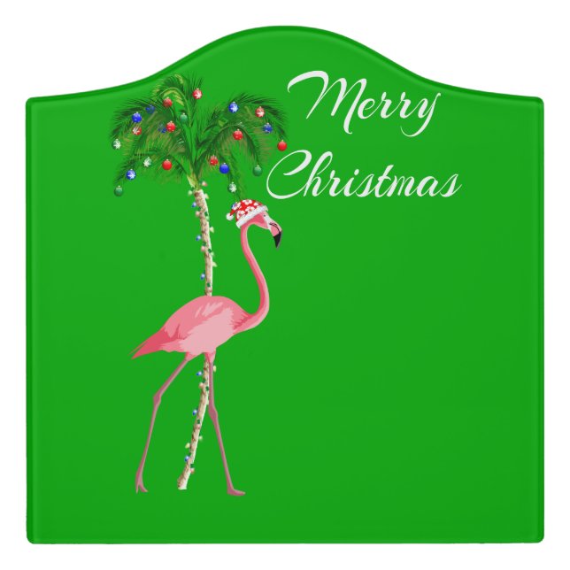 Merry Christmas Flamingo Door Sign (Large Crest Front)