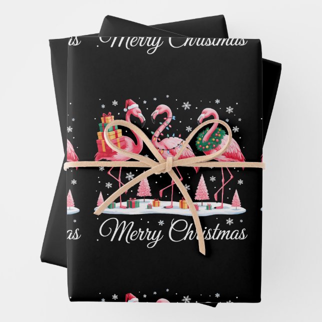 Merry Christmas Flamingo Light Santa Hat Xmas Wrapping Paper Sheets (In situ)