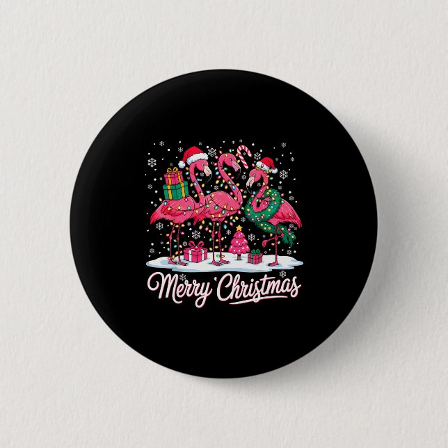 Merry Christmas Flamingo Lights Santa Hat Snow Xma Button (Front)